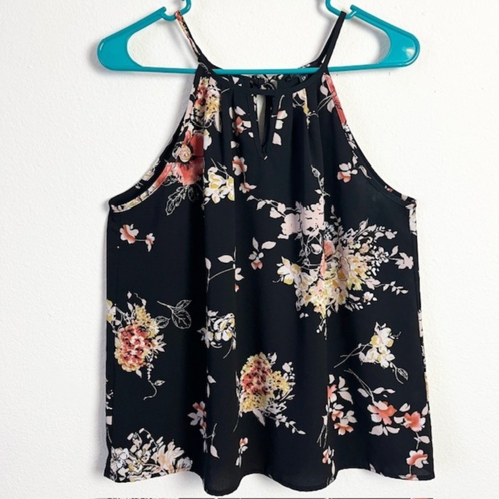 Paper Moon Women's Large Floral Halter‎ Top Black Sleeveless Blouse Grunge